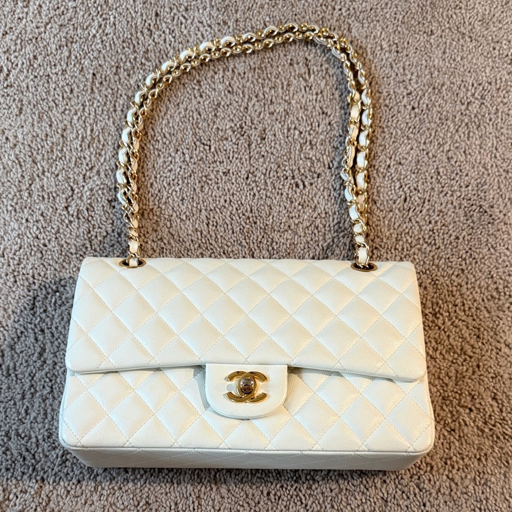 Quilted White Leather Chain Shoulder Bag classic flap